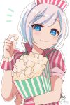  1girl absurdres bangs blue_eyes blush closed_mouth collared_shirt copyright_request eyebrows_visible_through_hair food hand_up highres holding holding_food mole mole_under_eye notice_lines object_hug pink_shirt popcorn puffy_short_sleeves puffy_sleeves shirt short_hair short_sleeves silver_hair simple_background smile sofra solo striped striped_shirt upper_body vertical-striped_shirt vertical_stripes white_background wrist_cuffs 