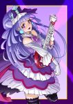  1girl :d bangs black_legwear bow cure_amour dress earrings eyebrows_visible_through_hair floating_hair gloves hair_bow highres holding holding_instrument hugtto!_precure instrument ito_user_2810a jewelry layered_dress leg_up long_hair looking_at_viewer open_mouth precure purple_bow purple_dress purple_eyes purple_gloves purple_hair purple_neckwear shiny shiny_hair smile solo standing standing_on_one_leg thighhighs very_long_hair white_gloves 