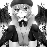  1girl bangs bat_wings blush commentary_request covering covering_crotch eyebrows_behind_hair fujimori_tonkatsu greyscale hair_blush hat hatching_(texture) knees_up long_sleeves looking_at_viewer miniskirt monochrome parted_lips pleated_skirt remilia_scarlet short_hair sitting skirt solo sweater touhou translation_request upskirt v-neck wing_collar wings 
