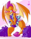 2019 anthro blue_eyes blush cheerleader cheerleader_outfit clothing covering_up diaper dragon female friendship_is_magic hi_res lilchu my_little_pony pom_poms smolder_(mlp) solo standing 
