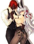  1boy 1girl alternate_costume animal_ears ashwatthama_(fate/grand_order) ass bangs bare_shoulders black_legwear black_pants blush breasts bunny_ears bunny_tail bunnysuit commentary_request dark_skin dark_skinned_male earrings eyebrows_visible_through_hair fate/grand_order fate_(series) floral_print formal from_behind hair_between_eyes hair_ribbon highres jewelry kama_(fate/grand_order) large_breasts long_hair long_sleeves looking_at_viewer mia_(gute-nacht-07) pants pantyhose red_eyes red_hair red_ribbon ribbon silver_hair simple_background tail wrist_cuffs yellow_eyes 