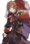  1boy a082 brown_armor brown_eyes brown_hair cloak cowboy_shot gran_(granblue_fantasy) granblue_fantasy holding_clothes image_sample looking_at_viewer short_hair simple_background smile solo twitter_sample white_background white_cloak 