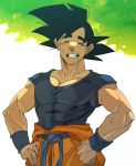  1boy :d ^_^ abs black_hair blue_shirt blurry blurry_background clenched_hand clenched_teeth closed_eyes clothes_around_waist dappled_sunlight day dougi dragon_ball dragon_ball_super dragon_ball_z fingernails hands_on_hips happy male_focus muscle open_mouth orange_pants outdoors pants shaded_face shirt short_sleeves simple_background smile son_gokuu spiked_hair standing sunlight sweat tako_jirou teeth tree upper_body white_background wristband 