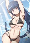  1girl armpits arms_up bangs bikini black_bikini blue_hair blunt_bangs breasts cleavage cowboy_shot gym_leader half-closed_eyes highres hime_cut jujube_(pokemon) large_breasts looking_at_viewer natsume_(pokemon) navel ocean pokemon red_eyes seductive_smile smile solo string_bikini sumida_kichi swimsuit underboob 