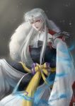  1boy absurdres artist_name dreamingpool facial_mark forehead_mark grey_background highres inuyasha japanese_clothes long_hair looking_at_viewer male_focus pointy_ears sesshoumaru sleeves_past_wrists very_long_hair whisker_markings white_hair yellow_eyes 