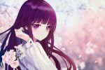  1girl bangs blunt_bangs blurry blurry_background eyebrows_visible_through_hair floating_hair flower hand_in_hair highres inu_x_boku_ss iren_lovel long_hair long_sleeves looking_at_viewer petals purple_eyes purple_hair shiny shiny_hair shirakiin_ririchiyo shirt solo upper_body very_long_hair white_flower white_shirt 