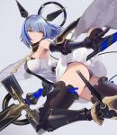 1girl armored_boots ass azur_lane bangs bare_shoulders black_legwear blue_background blue_hair boots breasts cross_(weapon) dress eyebrows_visible_through_hair floating_headgear gascogne_(azur_lane) gauntlets hair_between_eyes headgear high_heel_boots high_heels holding holding_weapon knee_boots large_breasts multicolored_hair parted_lips purple_hair short_hair simple_background solo strapless strapless_dress streaked_hair thighhighs thighs weapon white_dress yellow_eyes yuko_(uc_yuk) 