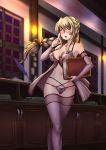  1girl :d adsouto blonde_hair blurry blurry_background blush braid braided_ponytail breasts bridal_gauntlets cleavage covered_nipples detached_sleeves dust_particles floating_hair goblin_slayer! guild_girl_(goblin_slayer!) hair_between_eyes hair_ribbon highres holding indoors lingerie long_hair long_sleeves looking_at_viewer medium_breasts midriff multi-strapped_panties navel negligee open_mouth panties pink_legwear pink_panties pink_sleeves ponytail purple_feathers ribbon shiny shiny_hair smile solo standing stomach thighhighs underwear underwear_only very_long_hair yellow_eyes yellow_ribbon 