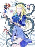  1girl 3boys bangs blonde_hair blue_dress blue_eyes blue_flower braid breasts commentary_request crown_of_thorns crusaders_quest dress flower frown gem holding large_breasts looking_at_viewer multiple_boys solo solo_focus thighhighs thorns wangxiii zettai_ryouiki 