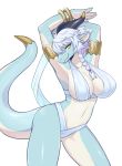  anthro big_breasts blue_hair breasts clothed clothing countershading dragon female hair horn kemono kinokoningen looking_at_viewer navel nere non-mammal_breasts pose simple_background solo white_background white_countershading white_hair yellow_eyes 