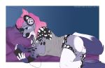  2019 5_fingers african_wild_dog anthro blue_eyes canid canine clothed clothing detailed_background digital_media_(artwork) excitedcargoyle eyebrows eyelashes female fingers fur grey_fur hair hi_res lying mammal on_side pink_hair purple_fur solo 