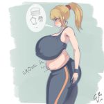  1girl artist_name bangs bare_shoulders belly belly_grab blonde_hair blush bracelet breasts coffeeslice covered_nipples cup disposable_cup eyebrows_visible_through_hair food french_fries gigantic_breasts hamburger jewelry metroid muffin_top pants plump ponytail sagging_breasts samus_aran signature simple_background sports_bra sportswear stomach_growling thought_bubble yoga_pants 