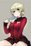  1girl bangs between_legs black_skirt blonde_hair blue_eyes braid closed_mouth commentary cup darjeeling epaulettes eyebrows_visible_through_hair girls_und_panzer grey_background hand_between_legs highres holding holding_cup jacket light_blush long_sleeves looking_at_viewer military military_uniform miniskirt pleated_skirt red_jacket short_hair simple_background sitting skirt smile solo st._gloriana&#039;s_military_uniform teacup tied_hair twin_braids uniform yunekoko 