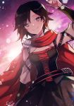  1girl black_skirt blush breasts brown_hair cape cleavage closed_mouth collarbone ecru grey_eyes hair_between_eyes lens_flare long_sleeves looking_at_viewer medium_breasts outdoors red_cape ruby_rose rwby short_hair signature skirt smile solo standing 