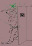  alligator alligatorid anthro bathroom belly belt bone bottomwear clothed clothing cregon crocodile crocodilian crocodylid eyes_closed happy hi_res jeans male musical_note musk pants partially_clothed philfox reptile satisfied scalie singing skull smell smelly smile walking 