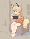  1boy absurdres animal_ears barefoot blonde_hair blue_eyes chinese_text fox_boy fox_ears fox_tail game_console handheld_game_console highres hood hoodie indoors male_focus nintendo nintendo_switch original playing_games shotac0n sitting solo tail 