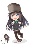  1girl anger_vein angry asashio_(kantai_collection) black_hair black_legwear chibi comiching commentary_request dress expressions frilled_dress frills green_neckwear hat highres kantai_collection long_hair long_sleeves multiple_views open_mouth pantyhose pinafore_dress remodel_(kantai_collection) rudder_footwear shirt simple_background smile thigh_strap tripping white_background white_shirt 
