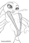  2019 anthro bikini breasts buckteeth clothing disney ears_down female fishnet greyscale judy_hopps lagomorph leporid looking_at_viewer low-angle_view mammal monochrome navel nipples open_mouth open_smile pivoted_ears pussy rabbit scificat simple_background sling_bikini smile solo swimwear teeth zootopia 
