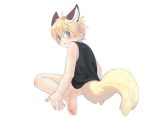  1boy animal_ears barefoot blonde_hair blue_eyes blush bottomless feet fox_boy fox_ears fox_tail from_behind highres looking_at_viewer looking_back male_focus original shotac0n simple_background solo tail tank_top white_background 