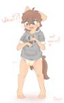  2019 anthro blush bodily_fluids clothing diaper dreamyart english_text fur genital_fluids green_eyes hair hi_res hoodie looking_down male mammal simple_background solo text topwear urine wet_diaper wetting 