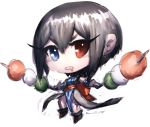  1girl black_hair blue_eyes breasts chibi dual_wielding fumio_(rsqkr) heterochromia holding looking_at_viewer red_eyes samurai_spirits shiki_(samurai_spirits) short_hair simple_background solo white_background 