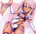  1girl breasts casual_one-piece_swimsuit chloe_von_einzbern cosplay cowboy_shot dark_skin detached_sleeves fate/grand_order fate/kaleid_liner_prisma_illya fate_(series) long_hair looking_at_viewer miyamoto_musashi_(fate/grand_order) miyamoto_musashi_(swimsuit_berserker)_(fate) miyamoto_musashi_(swimsuit_berserker)_(fate)_(cosplay) one-piece_swimsuit one_side_up pink_hair sen_(astronomy) small_breasts smile solo stomach_tattoo swimsuit sword tattoo weapon white_swimsuit yellow_eyes 