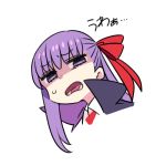  1girl bangs bb_(fate)_(all) bb_(fate/extra_ccc) black_coat chan_co collared_shirt fate/extra fate/extra_ccc fate_(series) hair_between_eyes hair_ribbon long_hair looking_at_viewer neck_ribbon open_mouth popped_collar purple_eyes purple_hair red_ribbon ribbon shaded_face shirt simple_background solo white_background 