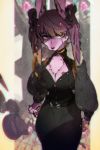  abstract_background accessory bangs breasts canid canine canis checker_pattern chest_tuft clothing domestic_dog dress female fur hair hair_accessory hi_res jewelry long_ears long_hair mammal moyamoya_kuroi necklace puffy_sleeves purple_fur purple_hair red_eyes solo tongue tongue_out tuft twintails_(disambiguation) 