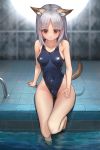  1girl absurdres animal_ear_fluff animal_ears bangs bare_arms bare_shoulders barefoot blue_swimsuit blurry blurry_background brave_witches breasts breasts_apart brown_eyes collarbone covered_navel depth_of_field edytha_rossmann egk513 fox_ears fox_girl fox_tail frown highres long_hair looking_at_viewer medium_breasts one-piece_swimsuit parted_bangs pool silver_hair solo swimsuit tail thighs tile_floor tiles water wet world_witches_series 