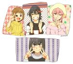  4girls ;) ;d ^_^ argyle argyle_background bangs black_hair blue_eyes blush brown_eyes brown_hair cable_knit casual clenched_teeth closed_eyes double_v embarrassed eyebrows_visible_through_hair finger_to_mouth fingernails floral_background grin happy hat jakuzure_nonon kazaya kill_la_kill kiryuuin_satsuki long_sleeves looking_at_viewer mankanshoku_mako matoi_ryuuko multicolored_hair multiple_girls nervous off_shoulder one_eye_closed open_mouth pink_background pink_eyes pink_hair pink_shirt polka_dot polka_dot_background red_hair shirt short_hair siblings simple_background sisters smile star starry_background streaked_hair striped striped_background sweatdrop sweater teeth thick_eyebrows thumbs_up turtleneck twitter_username v v-shaped_eyebrows wavy_mouth white_background yellow_sweater 