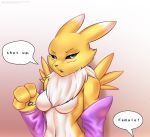  anthro breasts dialogue digimon digimon_(species) english_text featureless_breasts female fur hi_res kyodashiro multicolored_fur renamon solo speech_bubble text unseen_character white_fur yellow_fur 