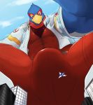  absurd_res anthro arwing avian bird building bulge clothed clothing croiyan crouching falco_lombardi hi_res looking_down looming low-angle_view macro male nintendo smile star_fox video_games 