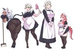  4girls :p alternate_costume animal_ears apron ass aunt_and_niece bangs black_footwear black_gloves black_legwear blonde_hair bonnet braid breasts broom cat_ears cat_tail cleavage closed_eyes dark_elf dragon_girl dragon_tail duster elf elf-san_wa_yaserarenai. enmaided erufuda-san expressionless fake_animal_ears french_braid gloves gonda_(elf-san_wa_yaserarenai) green_eyes hair_over_shoulder high_heels highres huge_ass huge_breasts kemonomimi_mode kuroeda-san large_breasts loafers looking_at_viewer looking_back low_ponytail maid maid_apron maid_headdress mature mole mole_under_eye multiple_girls ooeda_(elf-san_wa_yaserarenai) pantyhose parted_bangs paw_gloves paws pinky_out pointy_ears red_eyes red_hair scales scar shoes short_hair silver_hair small_breasts synecdoche tail tail_lift thick_eyebrows thick_thighs thighhighs thighs tongue tongue_out upskirt waist_apron white_background wrist_cuffs zettai_ryouiki 