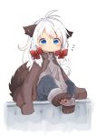  1girl animal_ears blue_eyes dog_ears dog_tail jacket jacket_on_shoulders konachiu long_hair long_sleeves original oversized_clothes pants paws rei-chan_(konachiu) sitting sweater tail white_hair 