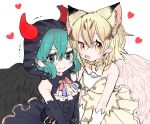  2girls alternate_costume angel_costume angel_wings animal_ear_fluff animal_ears animal_print bare_shoulders belt black_wings blonde_hair blue_eyes blue_hair blush bow bowtie cat_ears cat_print collar commentary_request demon_costume demon_horns demon_wings detached_sleeves embarrassed extra_ears eyebrows_visible_through_hair fang feathered_wings frilled_collar frilled_skirt frills gloves heart highres hood horns ichi_0w0 kemono_friends kemono_friends_festival light_brown_hair multicolored_hair multiple_girls navy_blue_headwear navy_blue_skirt neck_ribbon official_alternate_costume open_mouth print_neckwear ribbon sand_cat_(kemono_friends) short_hair skirt sleeveless snake_print studded trembling tsuchinoko_(kemono_friends) white_gloves white_wings wings wrist_cuffs yellow_eyes 