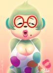  animal_crossing anthro beauty_mark big_breasts breasts cleavage clothed clothing elise_(animal_crossing) eyes_closed eyewear female glasses hair haplorhine hi_res lips mammal monkey nintendo open_mouth primate simple_background sirredbenjamin solo video_games 