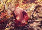  1girl absurdres animal arm_guards autumn_leaves bangs blurry blurry_foreground boots bow brown_bow brown_eyes brown_footwear brown_hair bug butterfly closed_mouth commentary_request depth_of_field dutch_angle eyebrows_visible_through_hair fate/grand_order fate_(series) frog hair_between_eyes hair_bow hakama hand_up high_heel_boots high_heels highres insect japanese_clothes junpaku_karen katana kimono koha-ace long_sleeves okita_souji_(fate) okita_souji_(fate)_(all) pink_kimono rain red_eyes red_hakama shallow_water smile solo squatting sword tree_branch water weapon wide_sleeves 