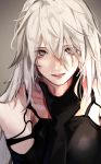  1girl absurdres android bangs black_gloves elbow_gloves eyebrows_visible_through_hair gloves grey_eyes highres long_hair looking_at_viewer messy_hair mole mole_under_mouth nier_(series) nier_automata oone0206 parted_lips pink_lips robot_joints silver_hair tank_top yorha_type_a_no._2 