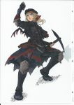  1girl :o absurdres armor armored_boots artbook black_armor blonde_hair boots cross fingerless_gloves flandre_scarlet full_body gloves hair_ribbon helmet highres holding holding_pickaxe imizu_(nitro_unknown) jaggi_(armor) monster_hunter one_side_up open_mouth pickaxe red_eyes ribbon scan scan_artifacts short_hair solo standing touhou wings 