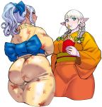  2girls :t alternate_hairstyle ass blonde_hair blue_eyes braid breasts curvy dark_elf dark_skin elf elf-san_wa_yaserarenai. erufuda-san food food_in_mouth french_fries hair_over_shoulder hair_ribbon highres huge_ass impossible_clothes japanese_clothes kimono kuroeda-san large_breasts looking_at_viewer multiple_girls obi orange_kimono pointy_ears ponytail purple_eyes ribbon sash silver_hair synecdoche twin_braids white_background yellow_kimono 