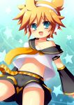  1boy bass_clef blonde_hair blue_eyes blush funny_cat hair_between_eyes headphones headset kagamine_len looking_at_viewer midriff navel open_mouth shorts smile solo vocaloid 