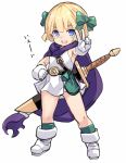  1girl :d ass_visible_through_thighs bangs bianca&#039;s_daughter blonde_hair blue_eyes blush boots bow cape dragon_quest dragon_quest_v dress eyebrows_visible_through_hair full_body gloves green_bow green_legwear hair_bow karukan_(monjya) kneehighs open_mouth outstretched_arm purple_cape short_dress short_hair simple_background sleeveless sleeveless_dress smile solo standing sword sword_behind_back translation_request v weapon weapon_on_back white_background white_dress white_footwear white_gloves 