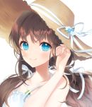  1girl a20_(atsumaru) bangs bare_arms bare_shoulders blue_eyes blue_flower blush breasts brown_hair brown_headwear closed_mouth commission dress eyebrows_visible_through_hair flower hair_tucking hand_up hat hat_ribbon long_hair original ribbon simple_background sleeveless sleeveless_dress small_breasts smile solo upper_body white_background white_dress white_flower white_ribbon 