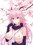  1girl animal_ears areolae bare_shoulders between_breasts black_gloves black_scarf blush breasts breasts_outside cherry_blossoms dated elbow_gloves eyebrows_visible_through_hair fingerless_gloves flipped_hair fox_ears gloves hair_between_eyes hair_flaps hand_on_own_stomach highres honkai_(series) honkai_impact_3rd japanese_clothes kimono large_breasts light_smile long_hair looking_at_viewer nipples nontraditional_miko pink_hair puffy_nipples scarf shibanme_tekikumo solo upper_body very_long_hair white_kimono yae_sakura 