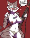  &lt;3 019 2019 4_fingers anthro areola belly big_breasts blush blusn bra breasts chest_tuft claws clothed clothing dog_tags english_text eyebrows eyelashes felid feline felis female fingers fur green_eyes gun holding_object holding_weapon josun looking_at_viewer lynx mammal military mostly_nude navel nipples panties pussy ranged_weapon simple_background skimpy smile soldier solo standing text thick_thighs tongue tuft underwear weapon zeha 