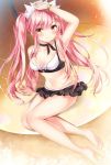  1girl arm_support arm_up armpits bare_arms bare_legs bare_shoulders barefoot bikini bikini_skirt black_choker bracelet breasts choker closed_mouth collarbone fate/grand_order fate_(series) jewelry long_hair looking_at_viewer medb_(fate)_(all) medb_(swimsuit_saber)_(fate) medium_breasts navel nogi_takayoshi pink_hair sidelocks sitting smile solo swimsuit tiara twintails very_long_hair white_bikini yellow_eyes 