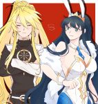  2girls ahoge animal_ears artoria_pendragon_(all) artoria_pendragon_(swimsuit_ruler)_(fate) belt black_hair blonde_hair breasts bunny_ears bunnysuit cleavage cleopatra_(fate/grand_order) closed_eyes cosplay costume_switch crossed_arms detached_collar earrings fate/grand_order fate_(series) green_eyes highres jewelry large_breasts long_hair multiple_girls navel necktie pendant ponytail smile very_long_hair wrist_cuffs 