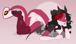  anthro black_sclera breasts clothed clothing dragon female hair horn looking_at_viewer lying on_front simple_background smile solo teil tongue tongue_out wings 