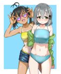  2girls :d absurdres ahoge aqua_swimsuit arms_behind_back bikini black_hair blue_background blush border closed_mouth collarbone commentary_request cowboy_shot eyebrows_visible_through_hair furrowed_eyebrows green_eyes groin hair_ornament hairclip heart highres kuraue_hinata leaning_to_the_side looking_away miyujin multiple_girls navel open_mouth outside_border shorts silver_hair smile standing sunglasses swimsuit swimsuit_under_clothes tan tanline twintails yama_no_susume yellow_bikini yukimura_aoi 