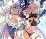  2girls ahoge bikini bow breasts choker cleavage detached_sleeves fate/grand_order fate_(series) gloves hair_bow hair_ribbon highleg highleg_swimsuit meltryllis meltryllis_(swimsuit_lancer)_(fate) multiple_girls navel okita_souji_(fate)_(all) okita_souji_(swimsuit_assassin)_(fate) ribbon scarf single_glove sleeves_past_fingers sleeves_past_wrists smile swimsuit tsengyun 